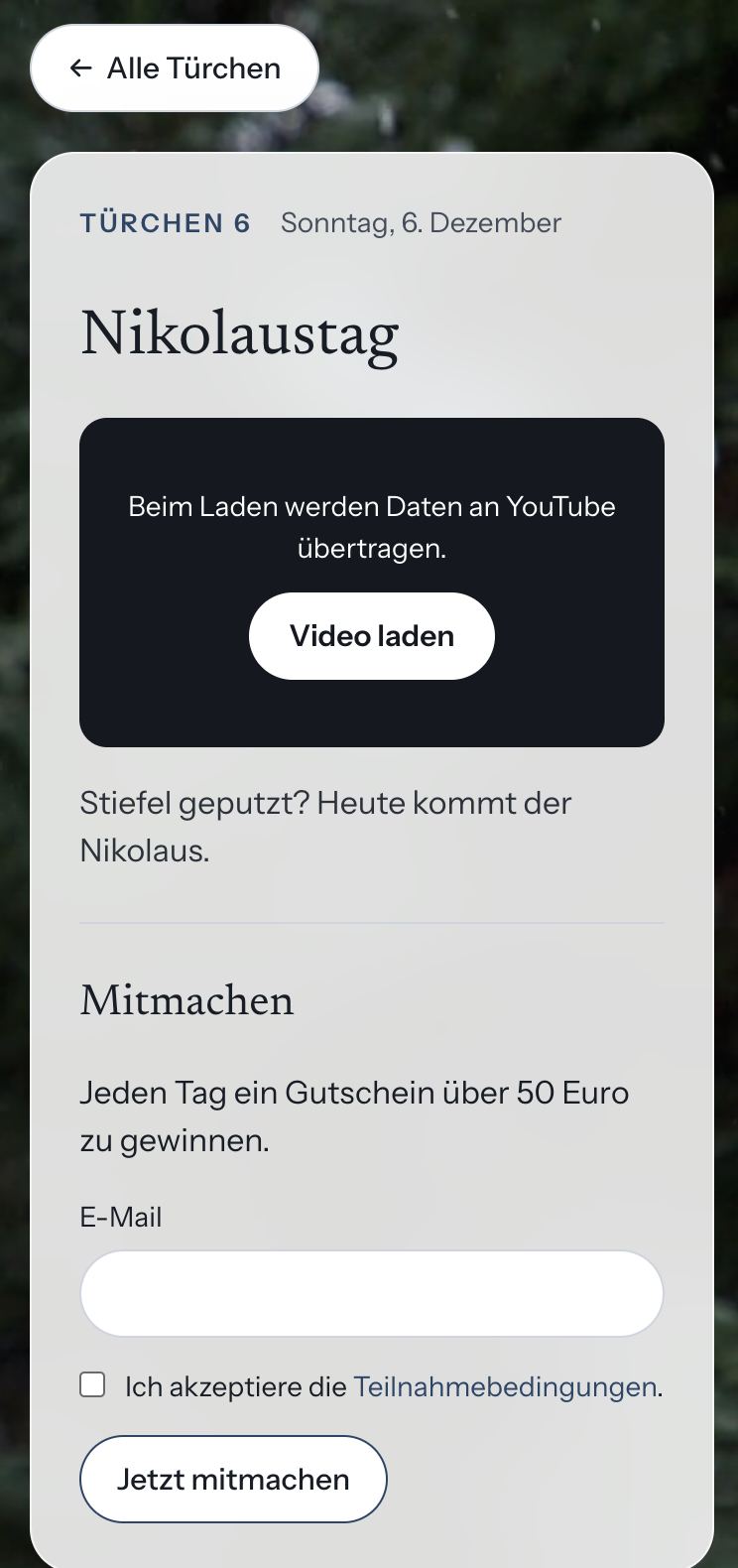 Derselbe Kalender auf dem Telefon: Türchen 6 ist geöffnet, mit Video und Teilnahmeformular.